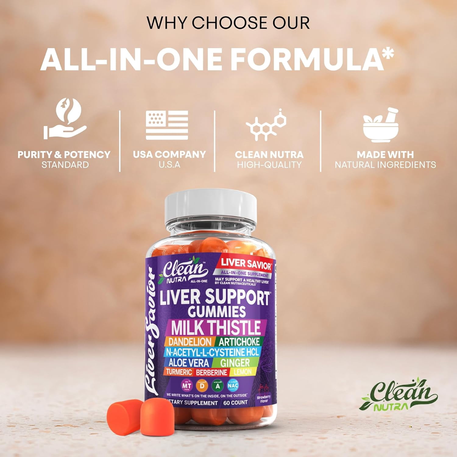 Clean Nutra Liver Cleanse Detox & Repair Gummies | Milk Thistle Gummy Liver Support Vitamins | Dandelion, Artichoke, Aloe Vera, Ginger, Berberine, Lemon, N-Acetyl-L-Cysteine, Turmeric Supplement HCL