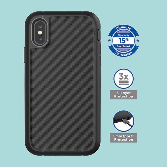 onn. Rugged Case with Built-In Microbial Protection for iPhone X, iPhone  XS, Black