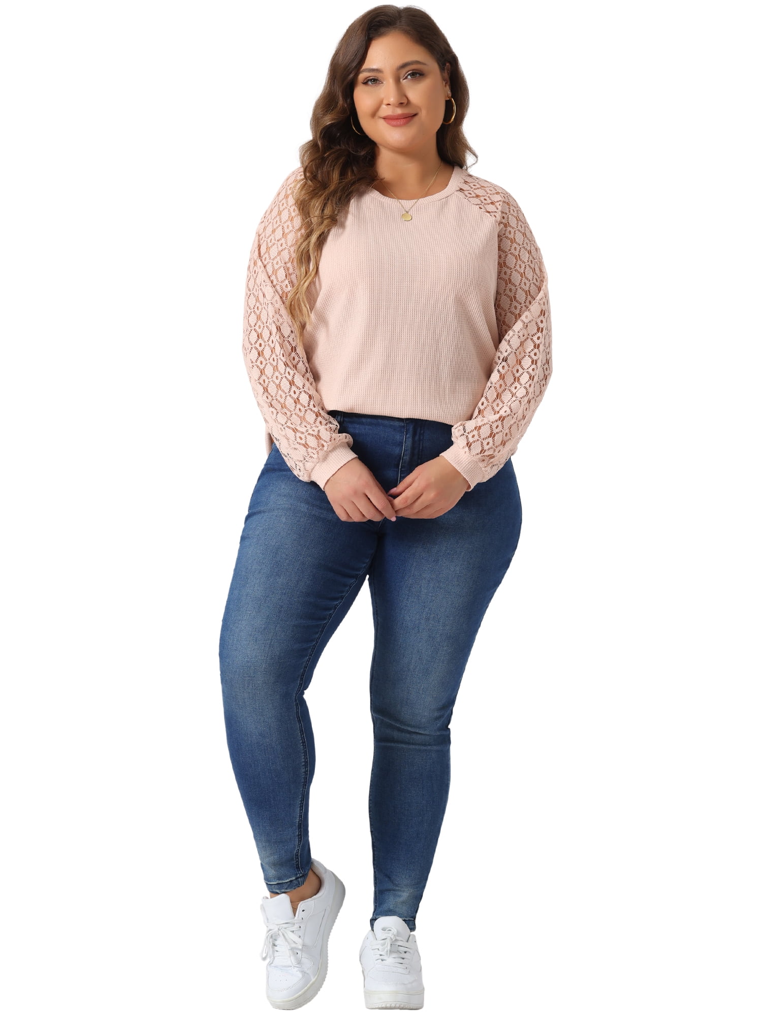 DARING DIVA Women's Plus Lace Crew Neck Long Sleeve Casual Blouse 2X Light Pink