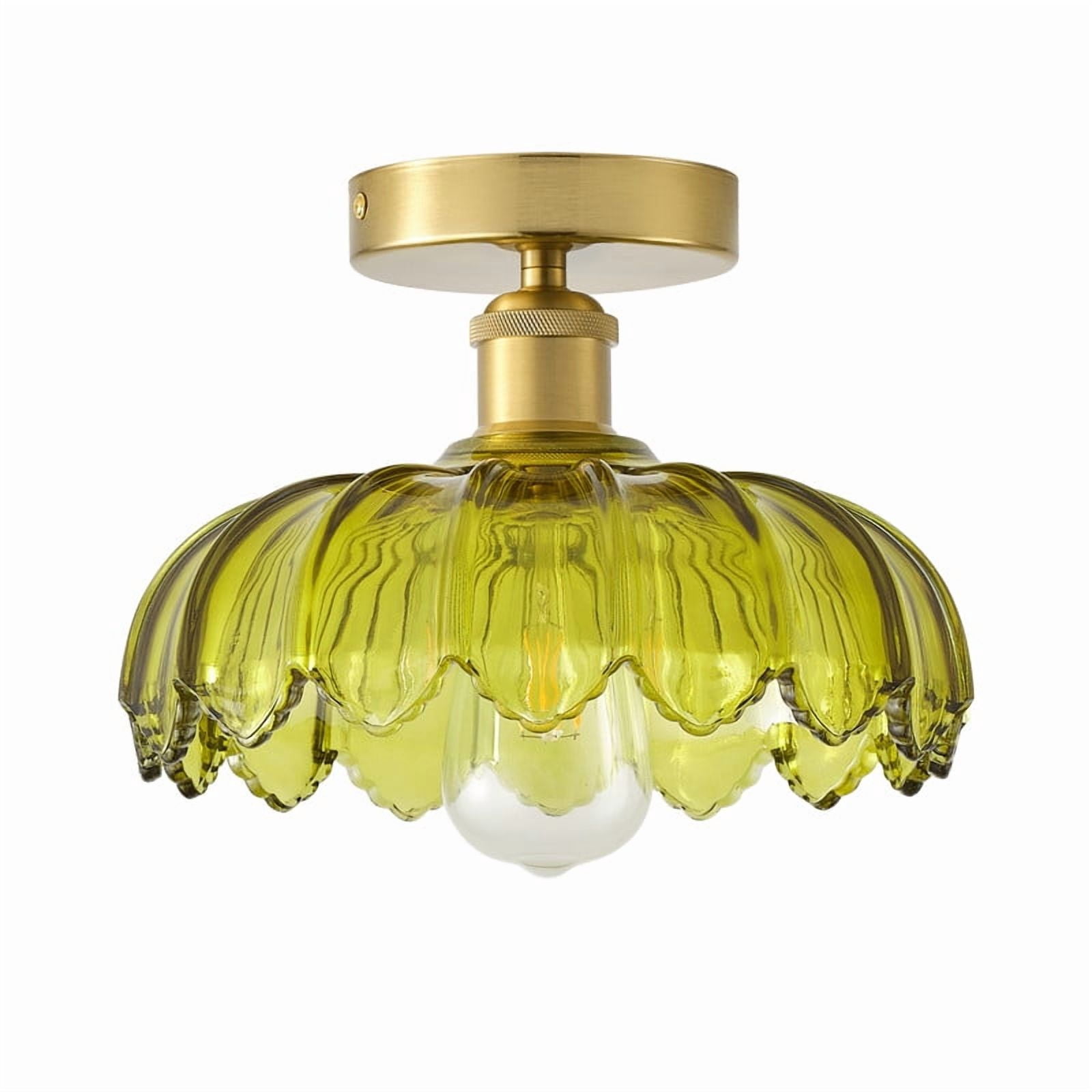 Boho Semi Flush Mount Ceiling Light with Green Glass Shade - Retro Petal Shade Close to Ceiling Light for Hallway,,Living Room & Balcony (9.84")