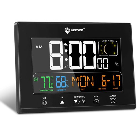Digital Atomic Alarm Clocks for Bedrooms with 2 USB Ports, Color VA Display Atomic Clock with Indoor Temperature and Humidity, DST, Calendar, and Moon Phases for Seniors Elderly