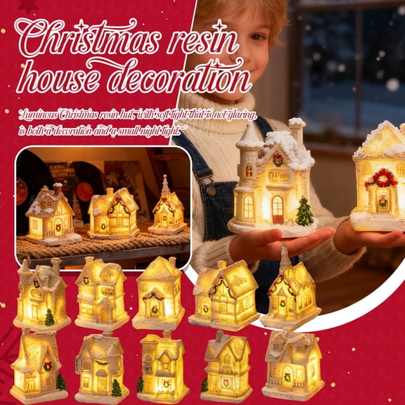 Christmas Village LED Lighted Houses Set, Indoor Room Decor Collectible Buildings, Festive Holiday Home Decoration,A