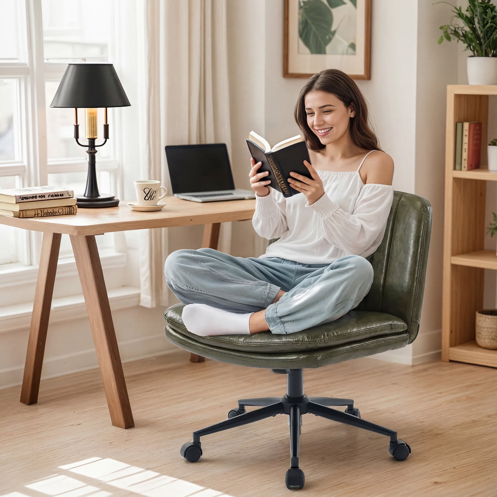 IPKIG Small Armless Criss Cross Chair, Adjustable Swivel PU Leather Office Desk Chair with Lumbar Support Pillow for Home, Makeup Vanity, Green