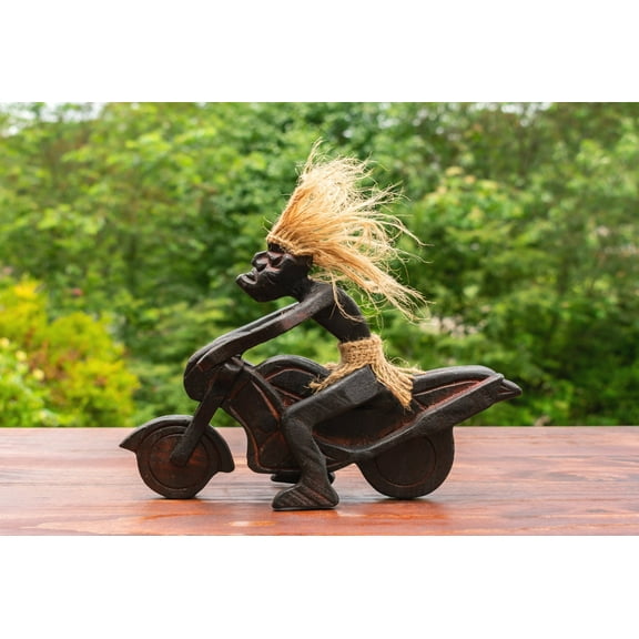 Handmade Wooden Primitive Tribal Funny Riding Motorsport Biker Statue Motorcycle Sculpture Tiki Bar Unique Gift Wood Home Decor Figurine Hand Carved
