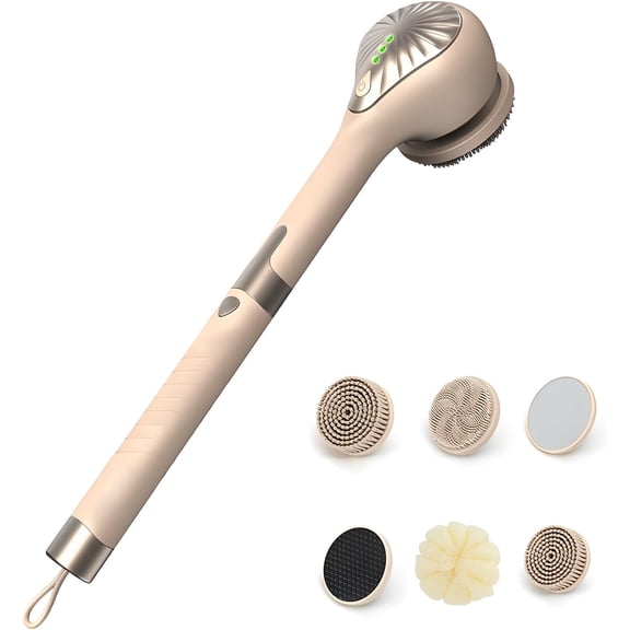 Electric Body Brush Back Scrubber for Shower, Waterproof Long Handle Power Body Scrubber with 6 Heads, Rechargeable Bath Brush & 3 Speeds, for Cleansing, Exfoliating and Massaging Skin (Yellow)