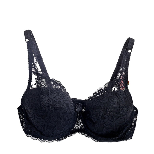 Sujetador de encaje floral para mujer Tallas grandes Sujetador con aros acolchado y push up Bowknot Abanopi Negro/38D