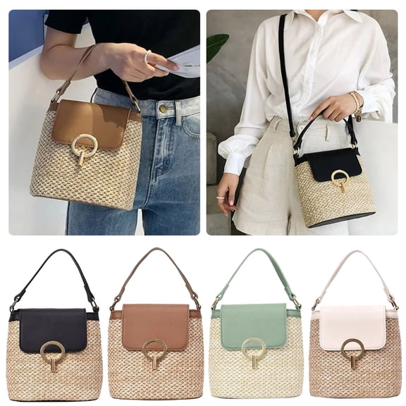 bravefron Small Straw Bucket Bags for Women Bucket Summer Beach Shoulder Bags Crossbody Bags Lady Travel Purses and Handbags Female Shoulder Simple Bag