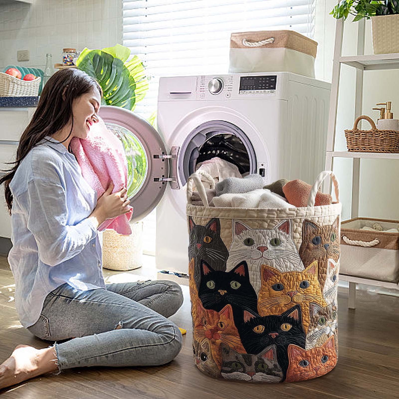 VAIFTILNO Embroidered Cute Cat Laundry Basket, 20x28in Soft Quilted Fabric Storage Bucket, Collapsible Foldable Hamper with Sturdy Handles, for Bedroom, Bathroom, Bachelor