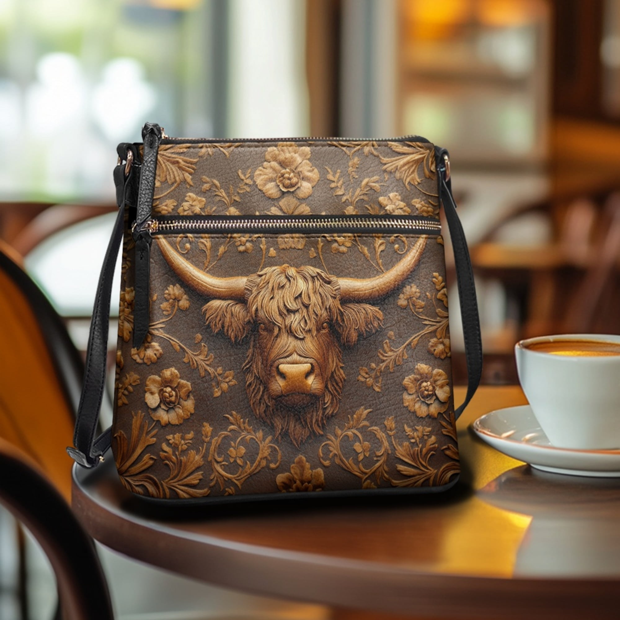 Kuiaobaty Highland Cow Flower Print Crossbody Bag for Women Trendy, Vintage Vegan Leather Shoulder Purse, Lightweight Zipper Crossbody Handbag with Adjustable Shoulder Strap for Travel