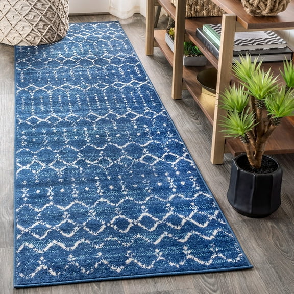 JONATHAN Y MOROCCAN HYPE 2 x 10 Runner Rug, Boho Vintage Diamond - Blue/White, MOH101A-210