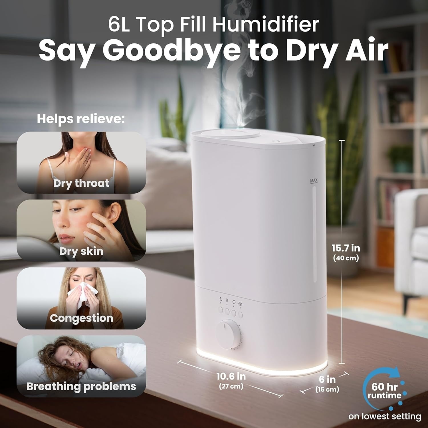6L Humidifier Large Room, High Mist Output 60 HR Runtime Ultrasonic Top Fill Humidifiers for Bedroom, Easy to Use & Clean for Home, Baby Humidifier, Plants, Congestion, Indoor