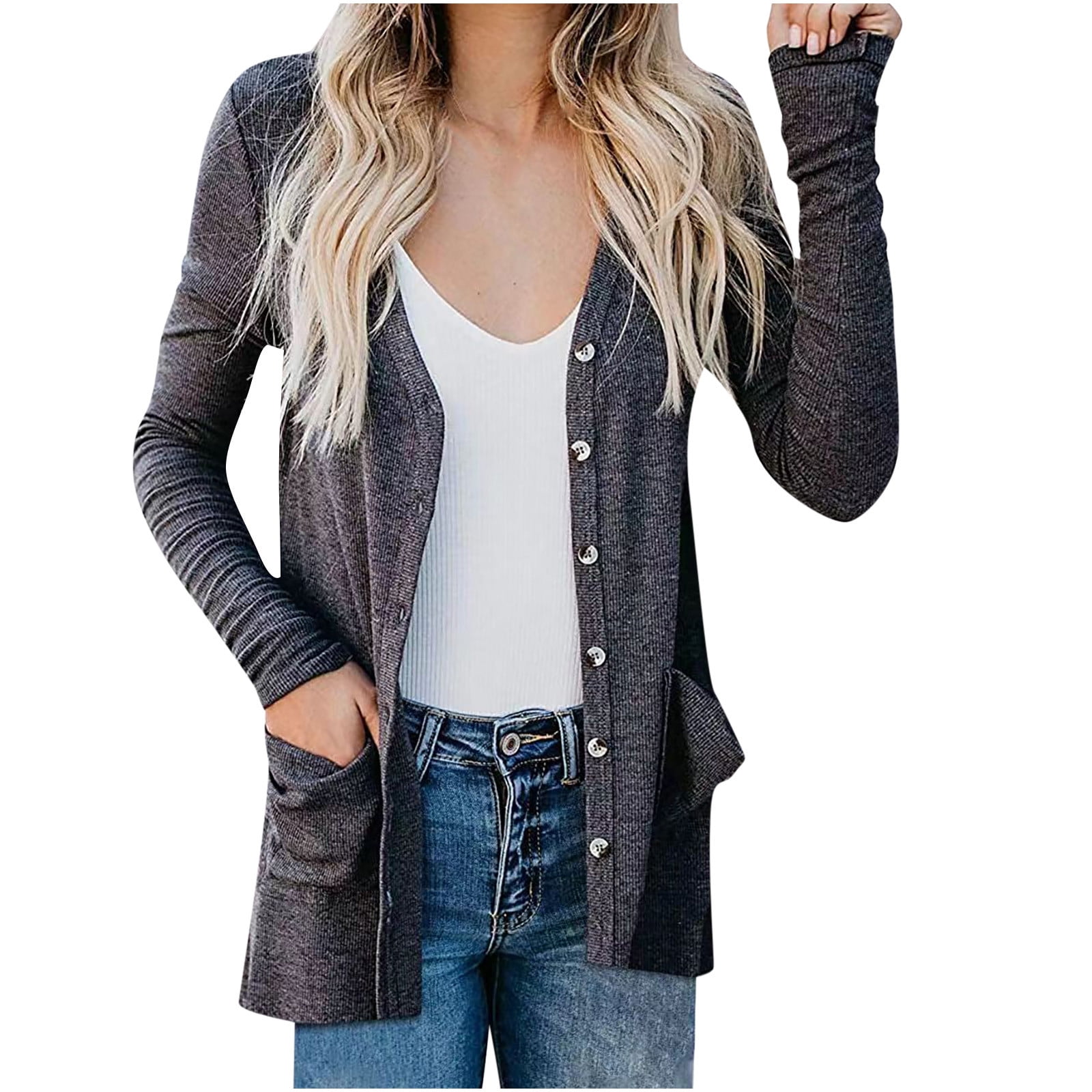 Womens Fashion Casual Open Front Solid Color Cardigans Sweaters Ribbed Thin Coats Jackets Outerwear with Pockets - image 4