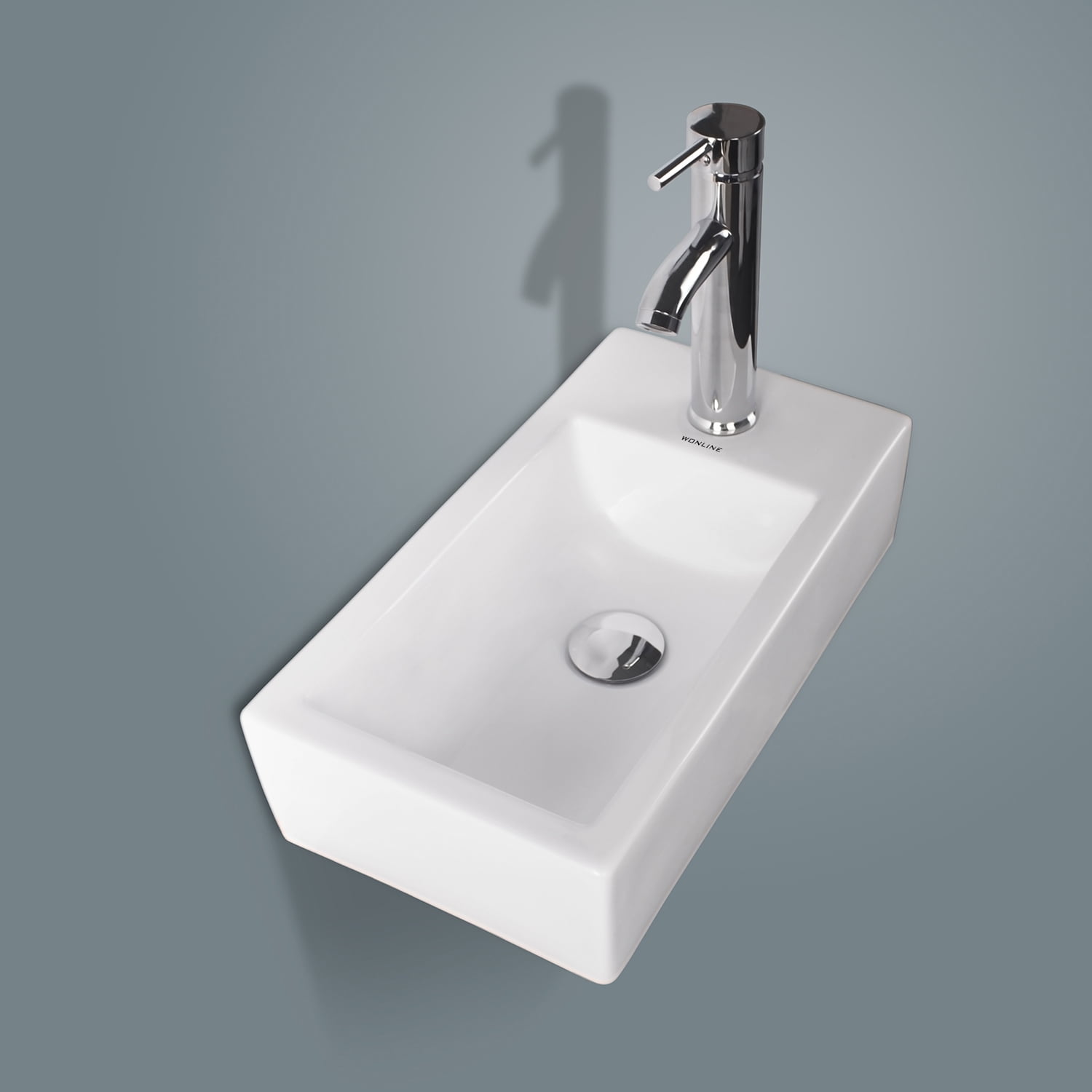 Wonline Bathroom Wall Mount Rectangle Corner Single Sink White Porcelain Ceramic Vessel Sink & Chrome Faucet Combo without P-Trap