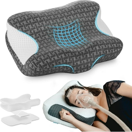 Cervical Neck CPAP Pillow for Sleeping, Ergonomic Adjustable Height Neck Support Memory Foam Bed Pillow for CPAP Users with Sleep Apnea, Suitable for Side and Back Sleepers