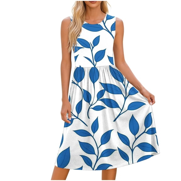 Hduncf Women's Fashion Summer Sleeveless Casual Loose Round Neck Pocket Floral Dress Lightweight Beach Cover Up Sundress Blue XL
