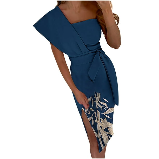 Vestido Cruzado Para Mujer Vestido de Un Hombro Moda Erógena Casual Impresión Vestidos Sin Mangas Odeerbi ODB187557