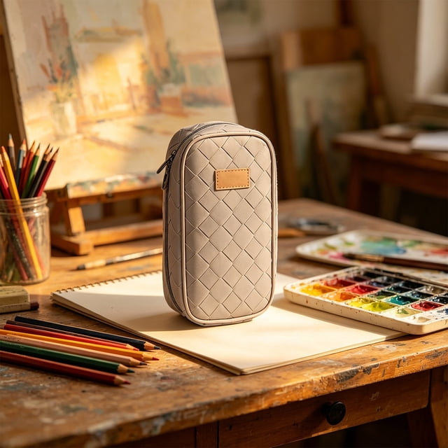 Estuche de cuero de gran capacidad con cremallera, bolsa organizadora multifuncional de papelería para estudio, oficina, viaje, almacenamiento de maquillaje