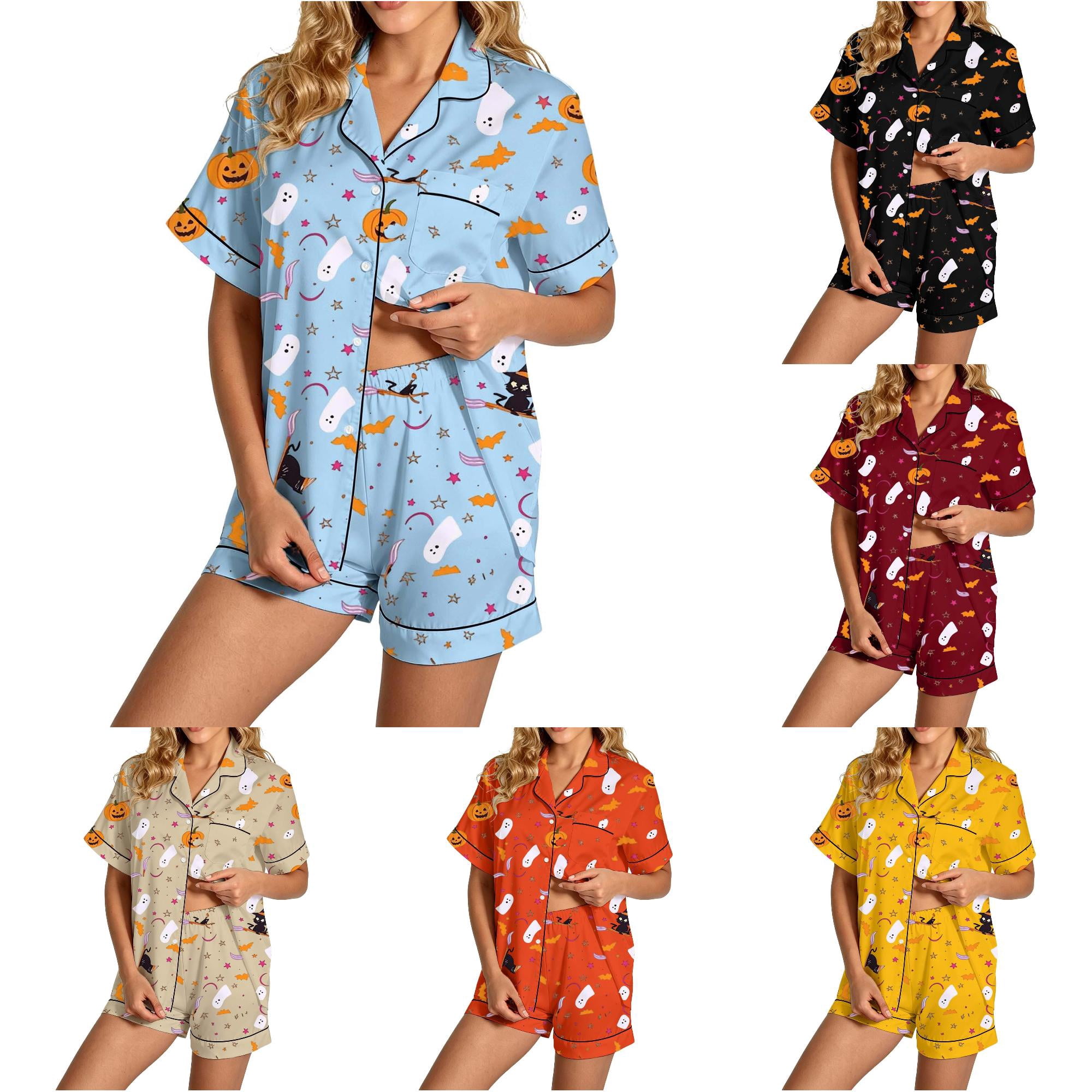 XIAOCHA Women s Loose Fit Nightwear Set Notch Collar Short Sleeve Witch Cat Pumpkin Print Halloween Pajama Set Sizes XL