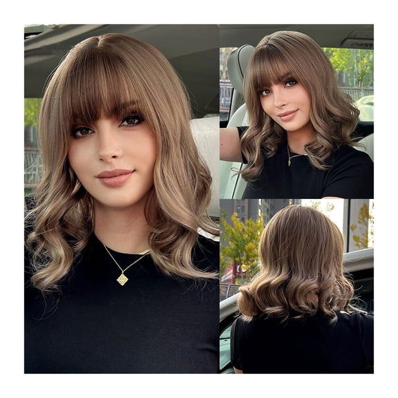 Brown Short Wavy Synthetic Wigs with Bangs Natural Bob Hair Wig for Women Daily Cosplay Party Heat Resistant