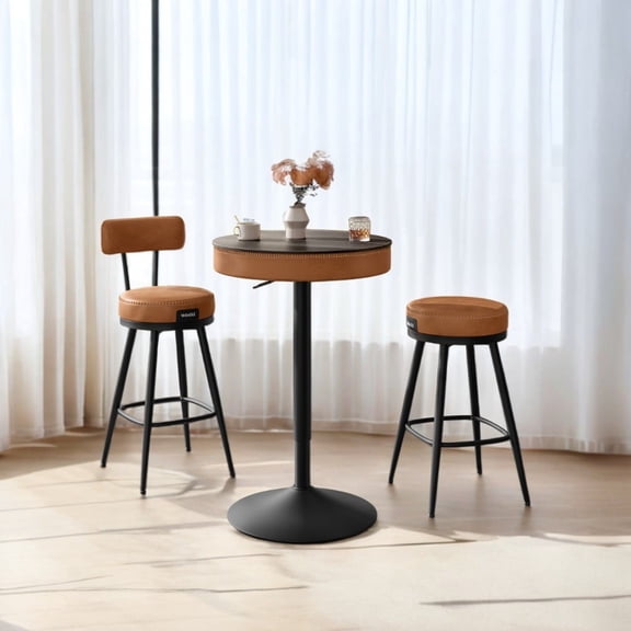 Adjustable Height Bar Table, Round Pub Table with Storage, Synthetic Leather, Mid-Century Modern, Ash Brown & Caramel Brown