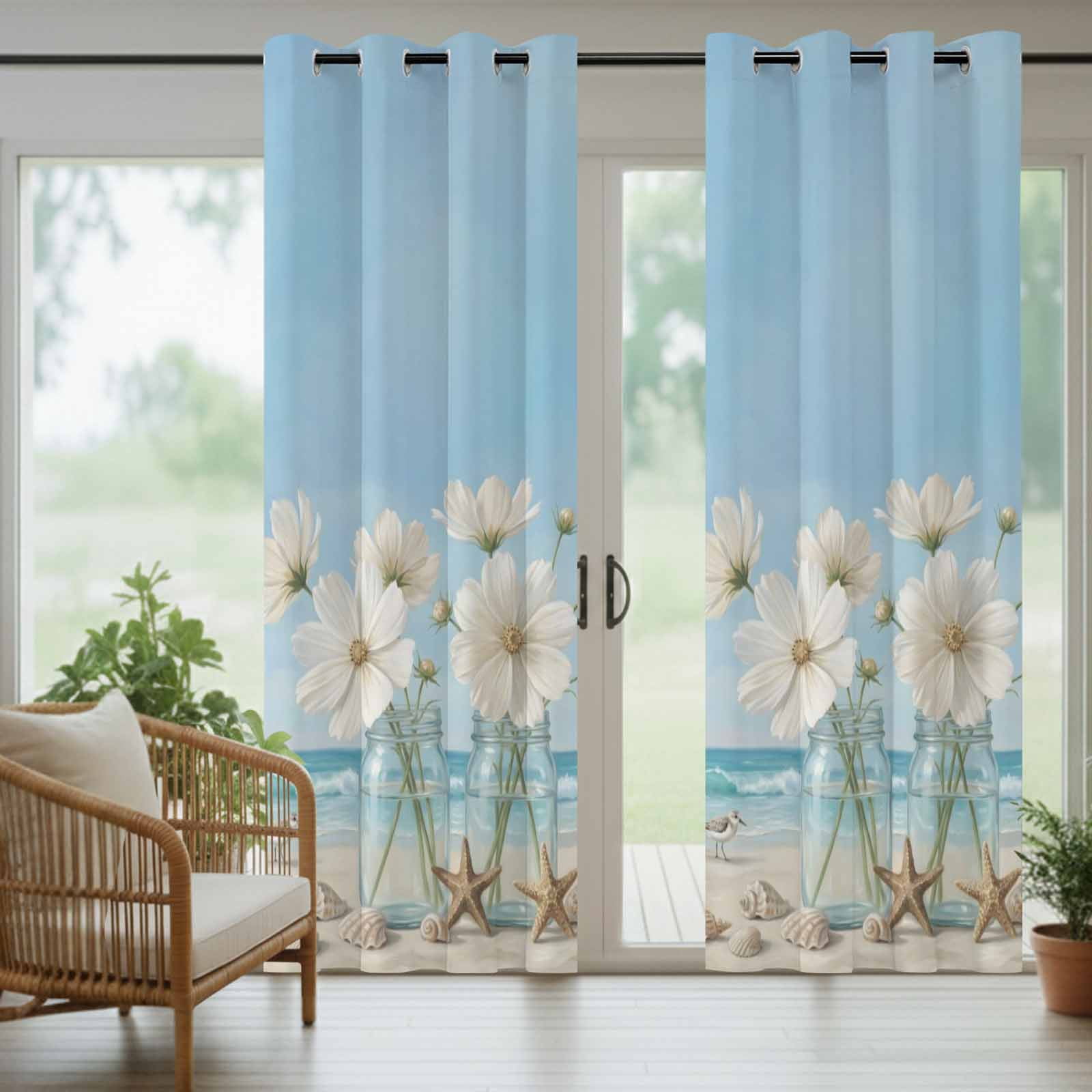 Coastal Scenery Outdoor Curtains for Patio, Summer Flowers Jars Starfish Beach Sunshade Privacy Drapes Grommet Waterproof Outside Curtains for Porch/Cabana/Balcony 54"x 108", 1 Panel