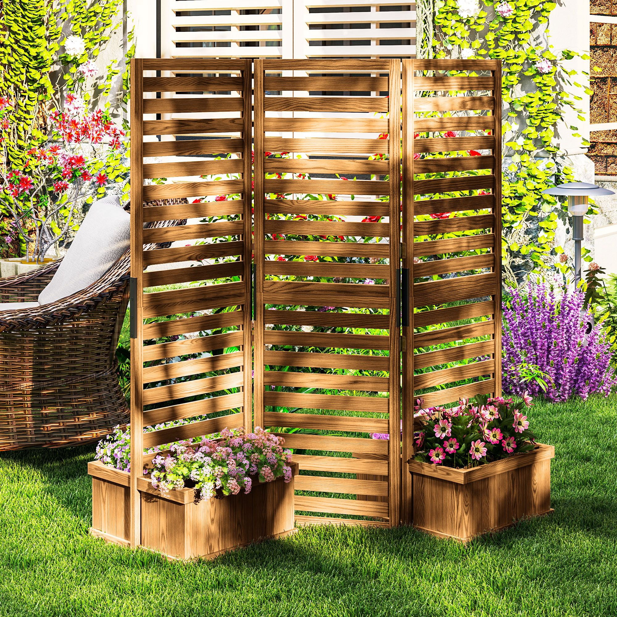 Alvantor 3 Panel Room Divider Wood Privacy Screen w Planter Box for Porch Living Room Dorm Yellow