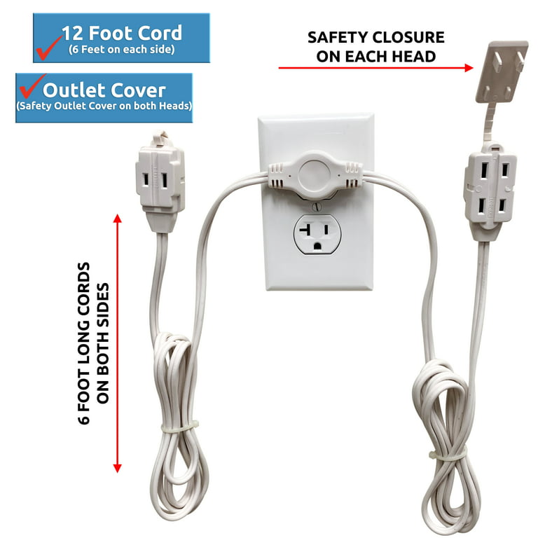 W4W Twin Extension Cord - 12 Foot Cord 6 feet on each side - 6 Polarized  Outlets - Flat Head (Wall Hugger) Outlet Plug - 6 Polarized Outlets with