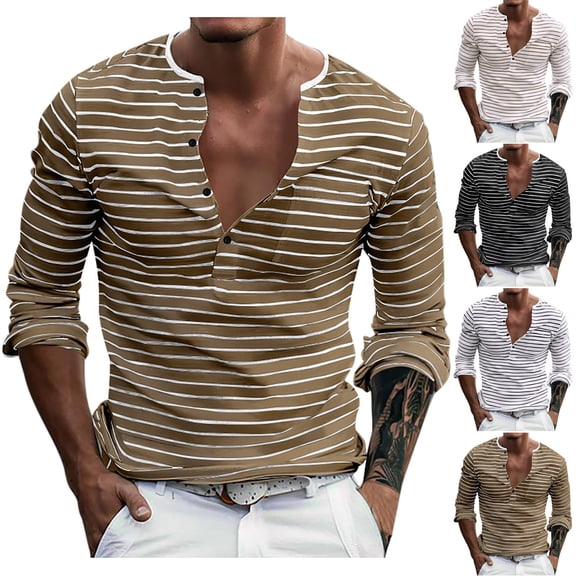 RYDCOT Men's Casual Striped Long Sleeved Round Neck Half Button Pullover with Pocket Top White