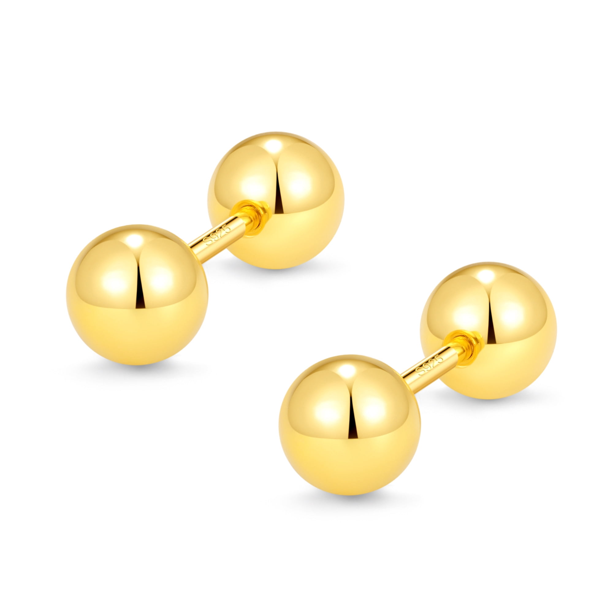 RYSKYJEWELRY Two Ball Stud Earrings, Screw Back , Solid 925 Sterling Silver, Unisex, All Ages