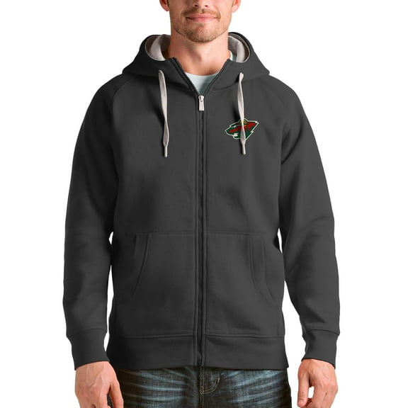 Men's Antigua Charcoal Minnesota Wild Logo Victory Full-Zip Hoodie