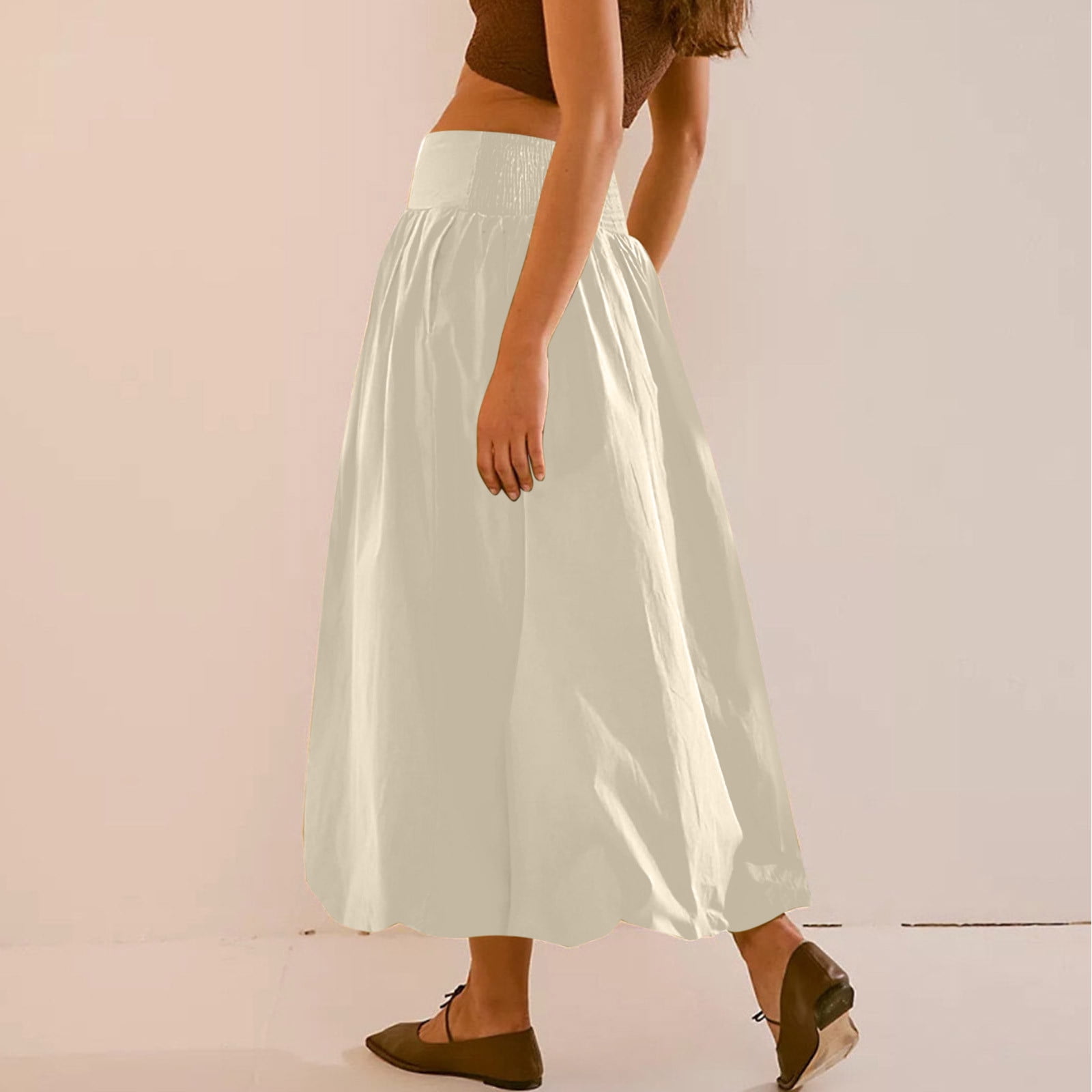 Women Bubble Maxi Skirt Summer Elastic High Waist a Line Long Skirt Casual Ruffle Pleated Midi Half Dress with Pockets Beige S