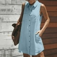thumbnail image 2 of Womens Cotton Linen Mini Beach Dress Sleeveless Collared Shirt Dresses Plain Classic Dress Elastic High Waist Sundress Light Breathable Dresses Going Out Beach Vacation Dresses with Pockets, 2 of 7