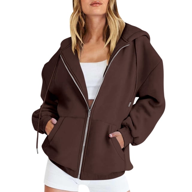 sudadera con capucha y cremallera de manga larga de color sólido de moda casual para mujer café/l