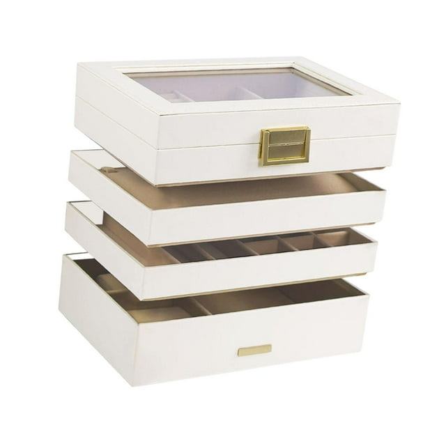 Caja de almacenamiento de joyas multifunción de piel sintética con forro , bandeja organizadora para relojes y anillos. Blanco