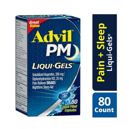 Advil PM (80 Count) Pain Reliever / Nighttime Sleep Aid Liquid Filled Capsule, 200mg Ibuprofen, 38mg