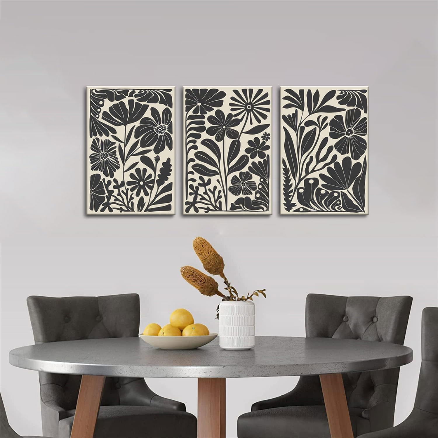 Black Beige Abstract Floral Botanical Canvas Framed Wall Art Prints Minimalist Modern Boho Flower Market Painting Poster Pictures Wall Decor for Bedroom Livingroom 12"x16"x3