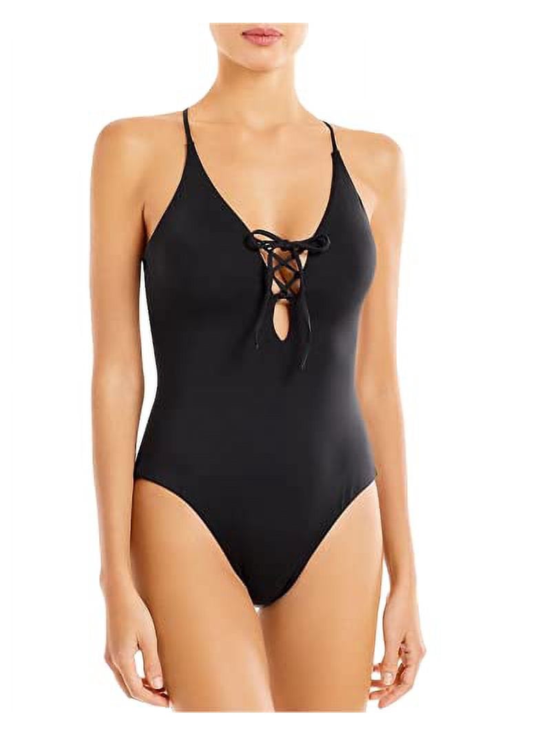 Aqua Swim Lace Up Plunge One Piece Swimsuit, Black, Black, Medium