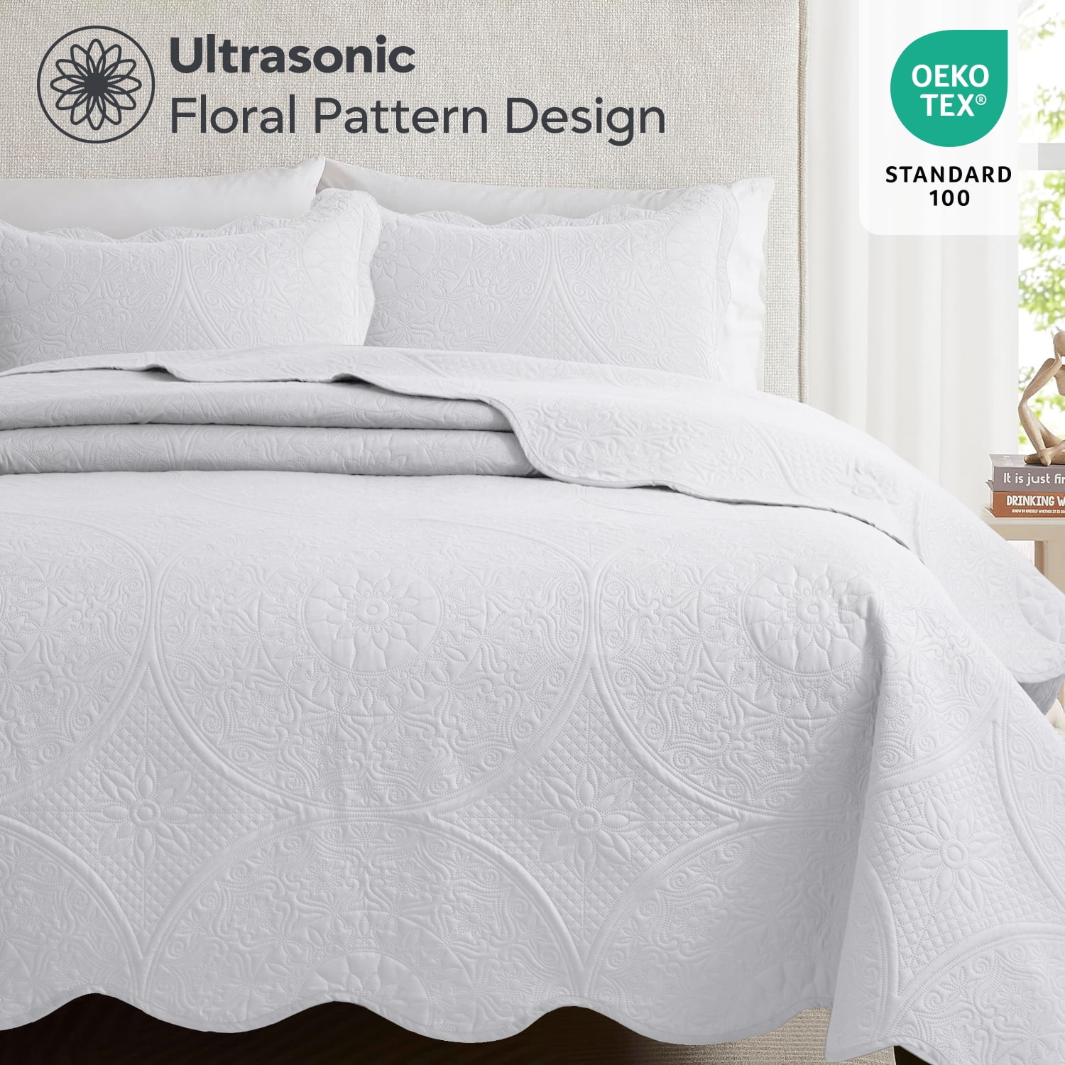 Ameha 3 Piece Reversible Quilt Set Ultra Soft Floral Coverlet Microfiber Bedding Set Queen White All Season