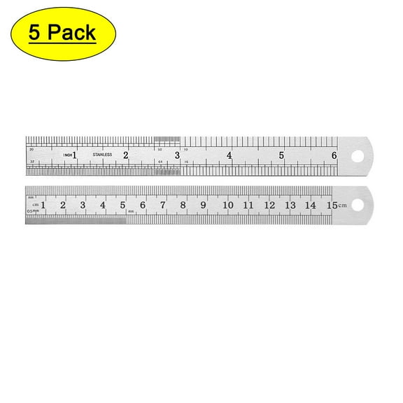 Uxcell 6 Inch  Straight Ruler Measuring Tool with Hanging Hole Stainless Steel Silver Tone 5 Pack