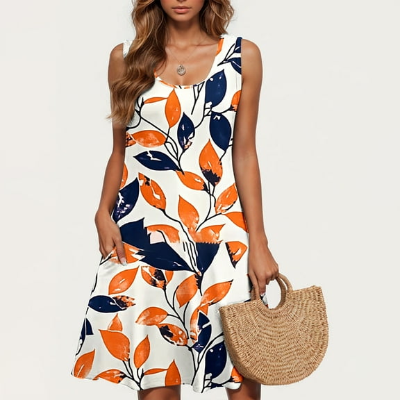 LADIGASU Women Casual Plus-size Sleeveless Crew Neck Print Short Dress