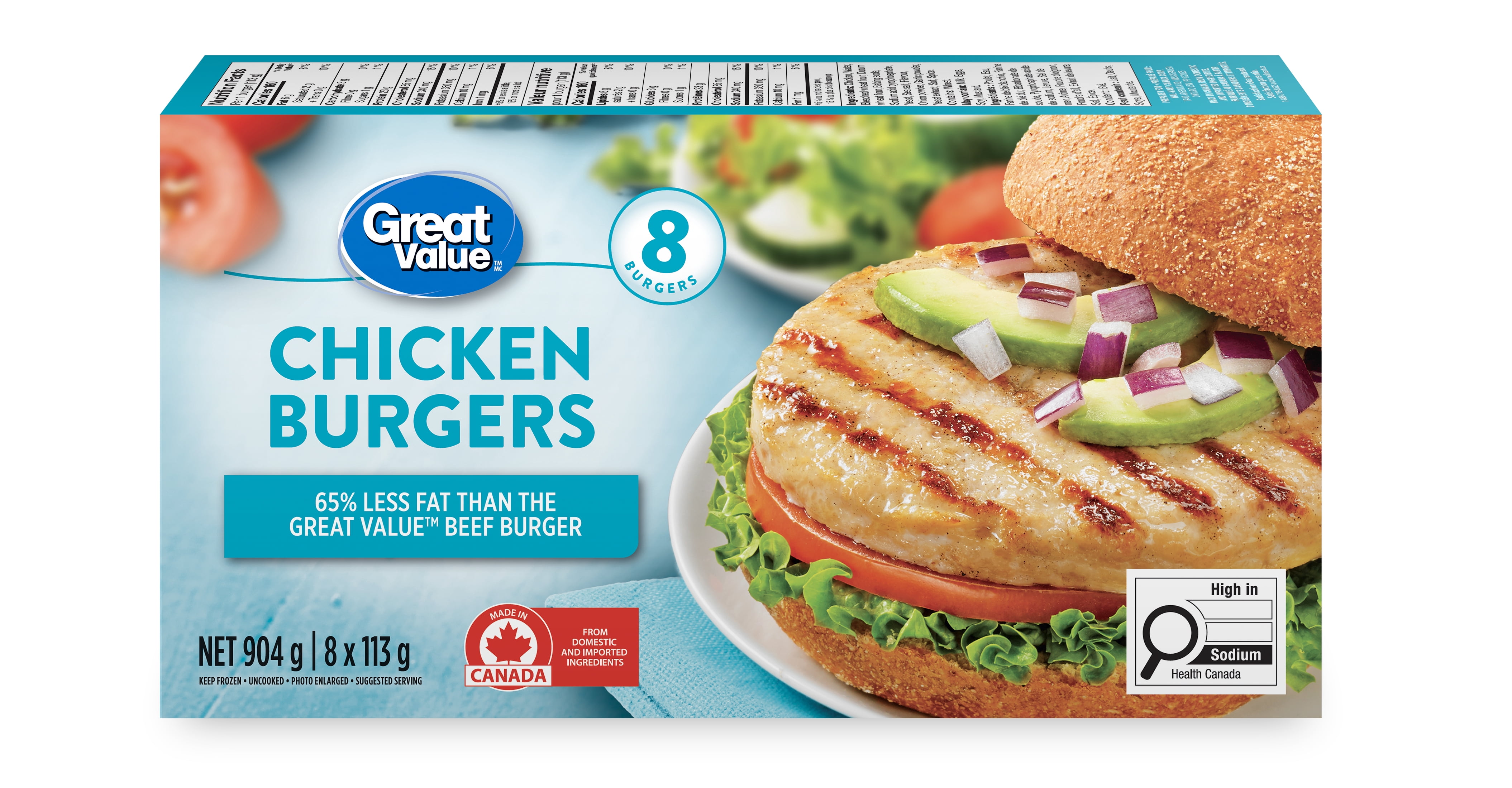 Burgers de poulet surgelés Great Value 8 x 113 g, 904 g