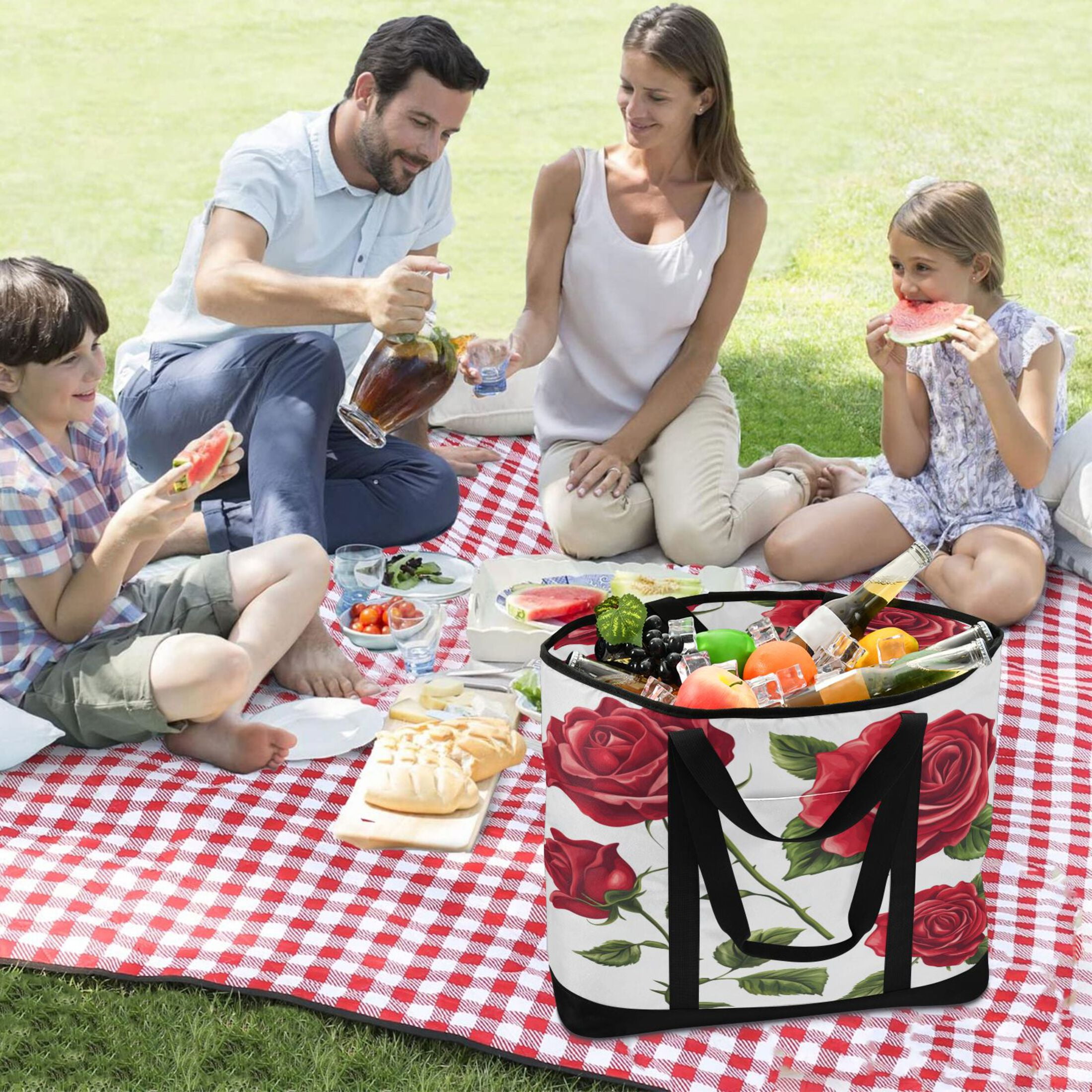 Large Hand-held Ice Pack Picnic Bag Insulation and Refrigeration Suitable for Shopping Picnics and Camping Four Roses
