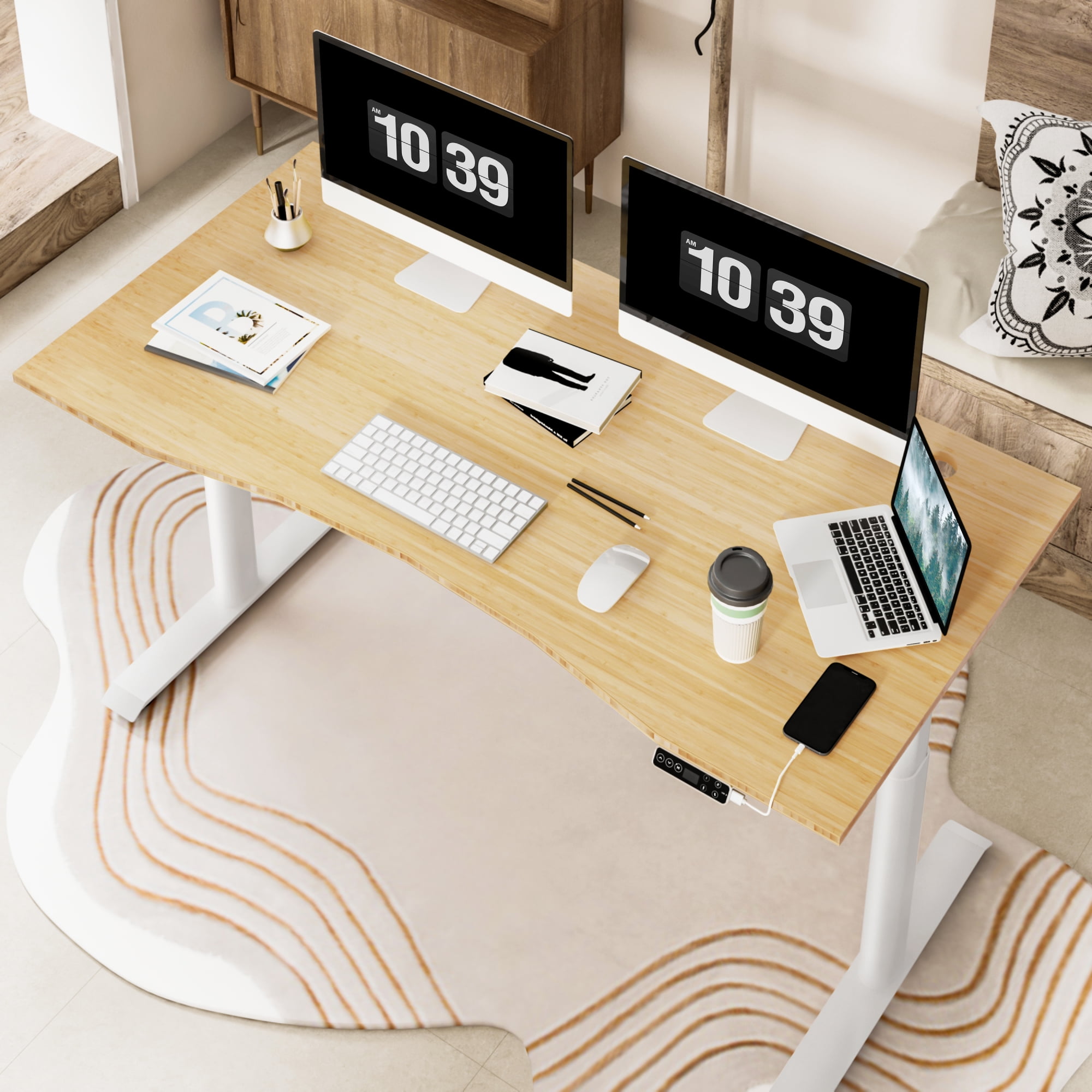FLEXISPOT 60"x30" Dual Motors 3-Stage Height Adjustable Standing Desk Ergonomic Home Office Sit Stand Desk with USB Port, Bamboo Curved Desktop White Oval Frame
