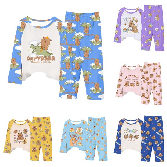 ZXLBBD Girls' Cute Anime Print Long Sleeve Pajama Soft Loungewear for Kids Sleepwear 2 Piece Outfit for Girl Nightwear Clothing Sets,Sky Blue,Size 12 M-24 M