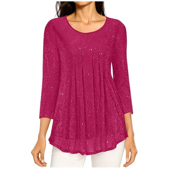 Drindf 3/4 Length Sleeve Women Shirts Round Neck Sequin Tunic Shirt Comfy Solid Color Loose Fit Blouses Spring Pleated Tops Hot Pink L