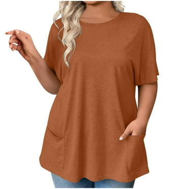 biudgviw Tuniques pour Femmes Grande Taille Col Rond Manches Courtes T-Shirts de Couleur Unie Blouses Décontractées Amples avec Poches