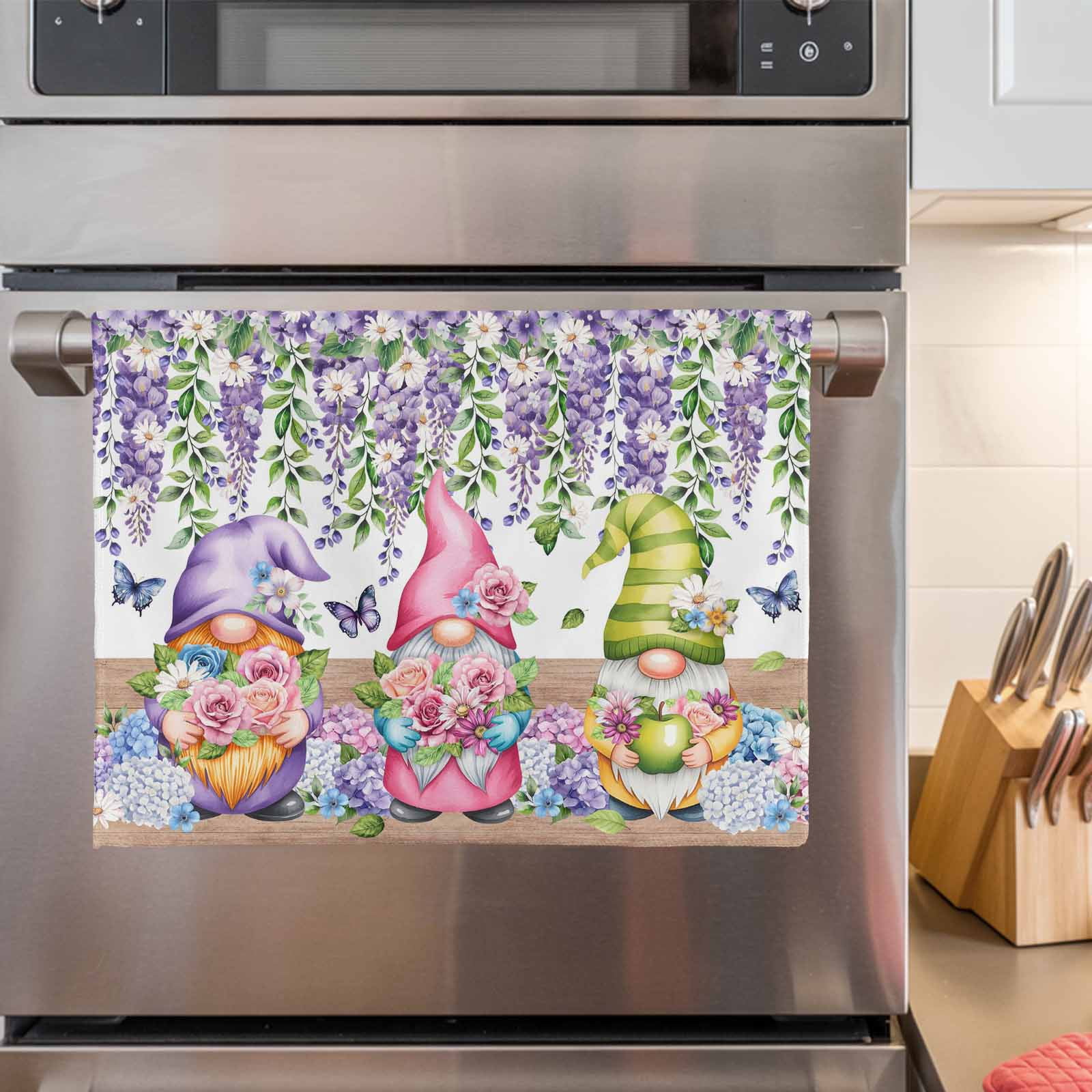 Blue Purple Gnomes Kitchen Towels Set of 3, Water Absorbent Dish Towel, Spring Country Hydrangea Flower Leaf Decorative Hand Towels - Quick Drying Cloth for Cooking Baking, 18x28 Inch