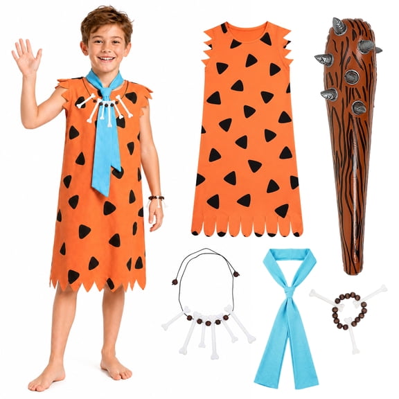 BUXULYP 5PCS Halloween Kids Costume Caveman Outfit Funny Couple Cartoon Characters for Cosplay Party