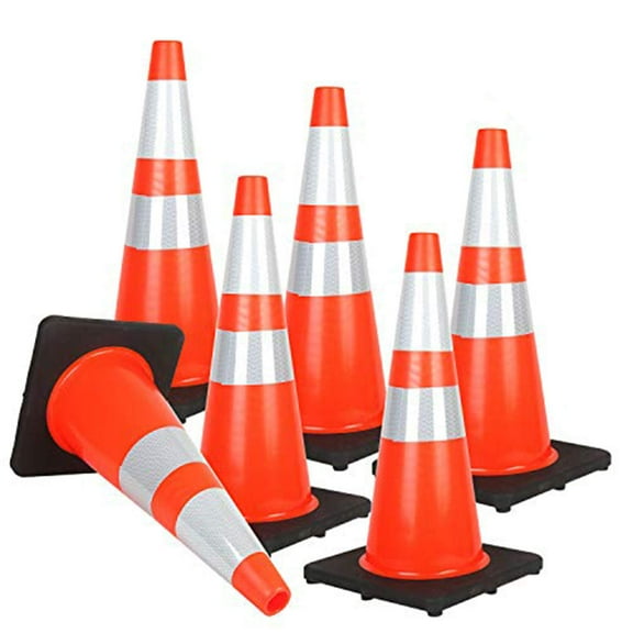 Reliancer 6PCS 28" Traffic Cones - PVC Safety Road Parking Cones with Black Weighted Base, 2 Reflective Collars - Fluorescent Orange Hazard Cones - Construction Cones for Traffic, Home Improvement