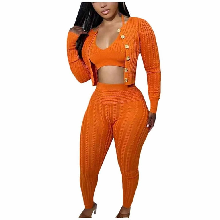 RQYYD On Clearance Sweatsuits for Women Set Ribbed Knit 3 Piece Outfits  Button Down Cropped Cardigan Sweaters Halter Bra Long Pants Tracksuit Sets